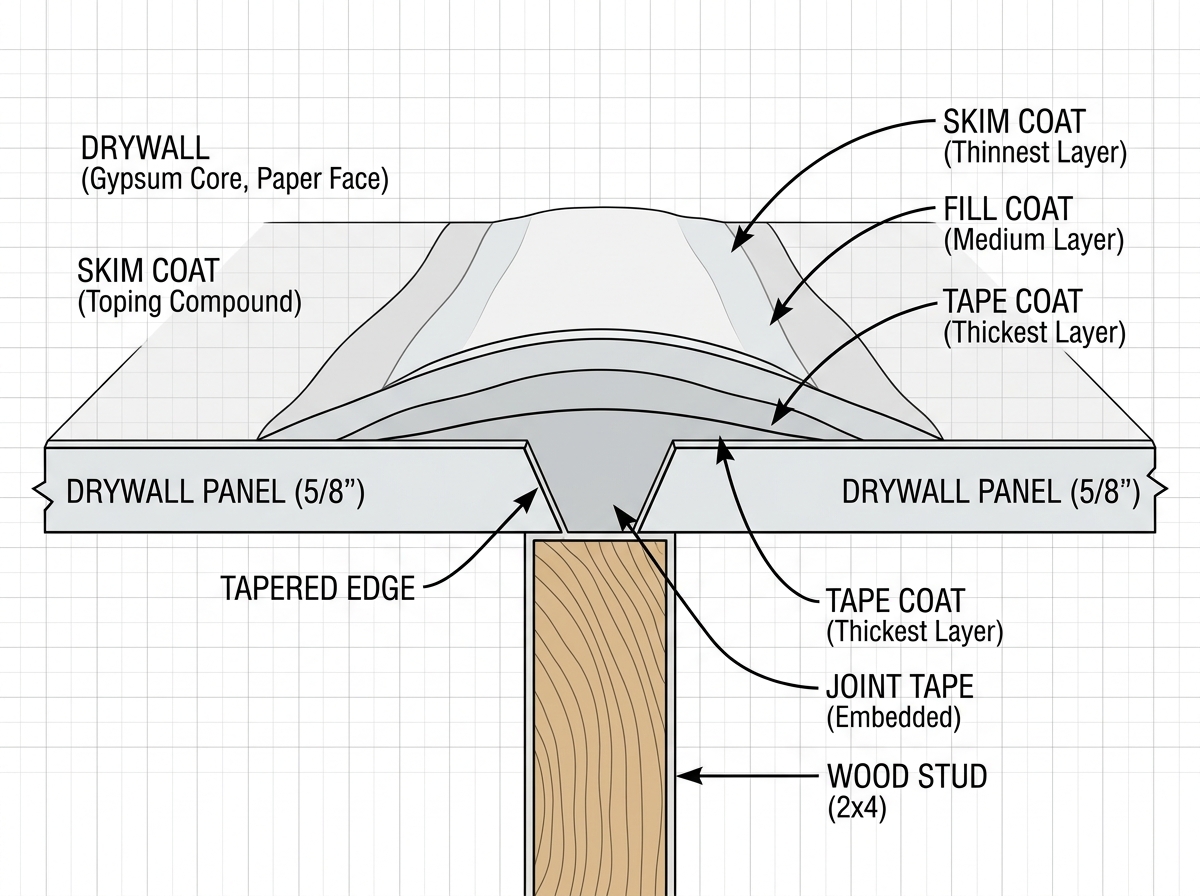Cross-section diagram of three drywall compound coats